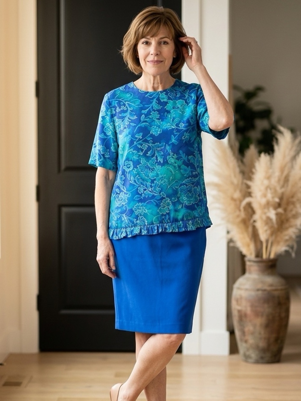 Vintage 80s Maggie Barnes Plus Size Blouse & Skirt Set Blue Floral - Size 22